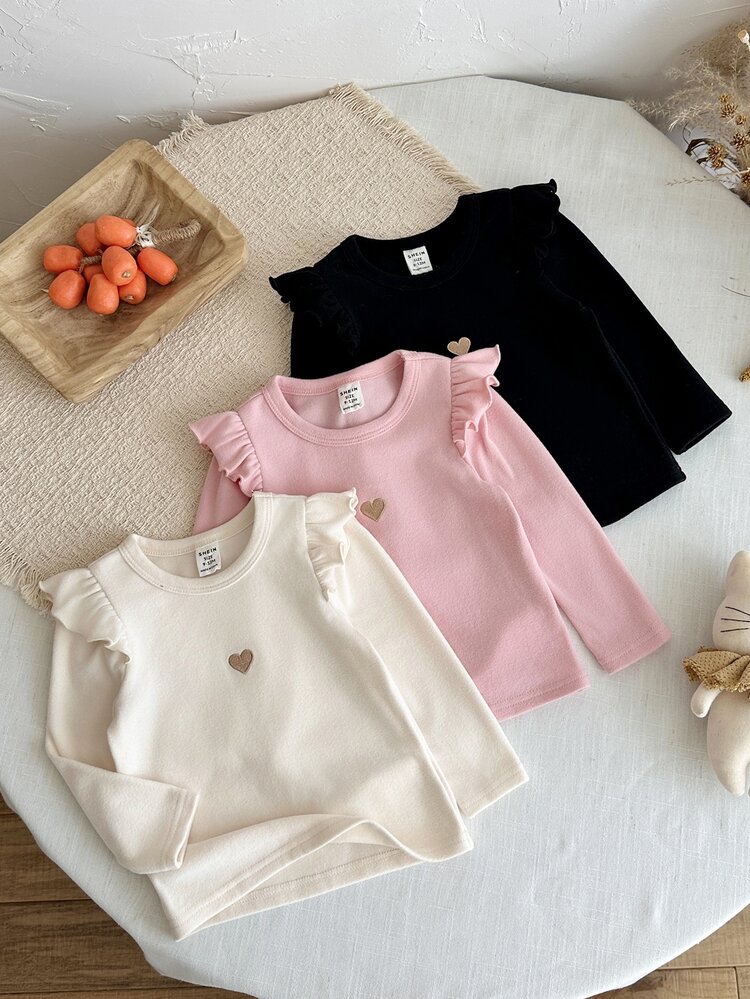 SHEIN LMoss Kids Baby Girl Knit Solid Color Round Neck Ruffle Hem Heart Pattern Casual Autumn Top 3pcs -Piece Set Thick Style Suitable For Winter - Multicolor - View 5