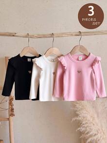 SHEIN LMoss Kids 女嬰針織純色圓領荷葉邊下擺愛心圖案休閒上衣 3件套 加厚款 適合秋冬冬季 - 彩色 - 查看 3