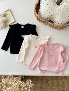 SHEIN LMoss Kids 女嬰針織純色圓領荷葉邊下擺愛心圖案休閒上衣 3件套 加厚款 適合秋冬冬季 - 彩色 - 查看 7