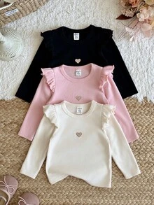 SHEIN LMoss Kids 女嬰針織純色圓領荷葉邊下擺愛心圖案休閒上衣 3件套 加厚款 適合秋冬冬季 - 彩色 - 查看 10