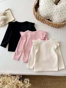 SHEIN LMoss Kids 女嬰針織純色圓領荷葉邊下擺愛心圖案休閒上衣 3件套 加厚款 適合秋冬冬季 - 彩色 - 查看 2