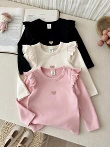 SHEIN LMoss Kids 女嬰針織純色圓領荷葉邊下擺愛心圖案休閒上衣 3件套 加厚款 適合秋冬冬季 - 彩色 - 查看 8