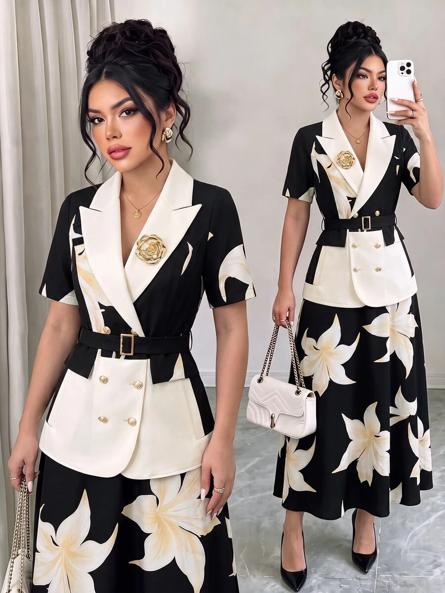 GlowEve CURVE Plus Size Women's Spring/Summer Floral Print Patchwork Design Business Chic Short Sleeve Blazer And Minimalist A-Line Skirt Suit Set - Multicolor - View 1