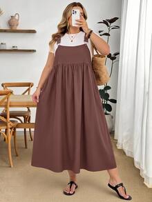 SHEIN CURVE+ 大尺碼女款純色百褶休閒日常夏季細肩帶洋裝 - 棕色 - 查看 6