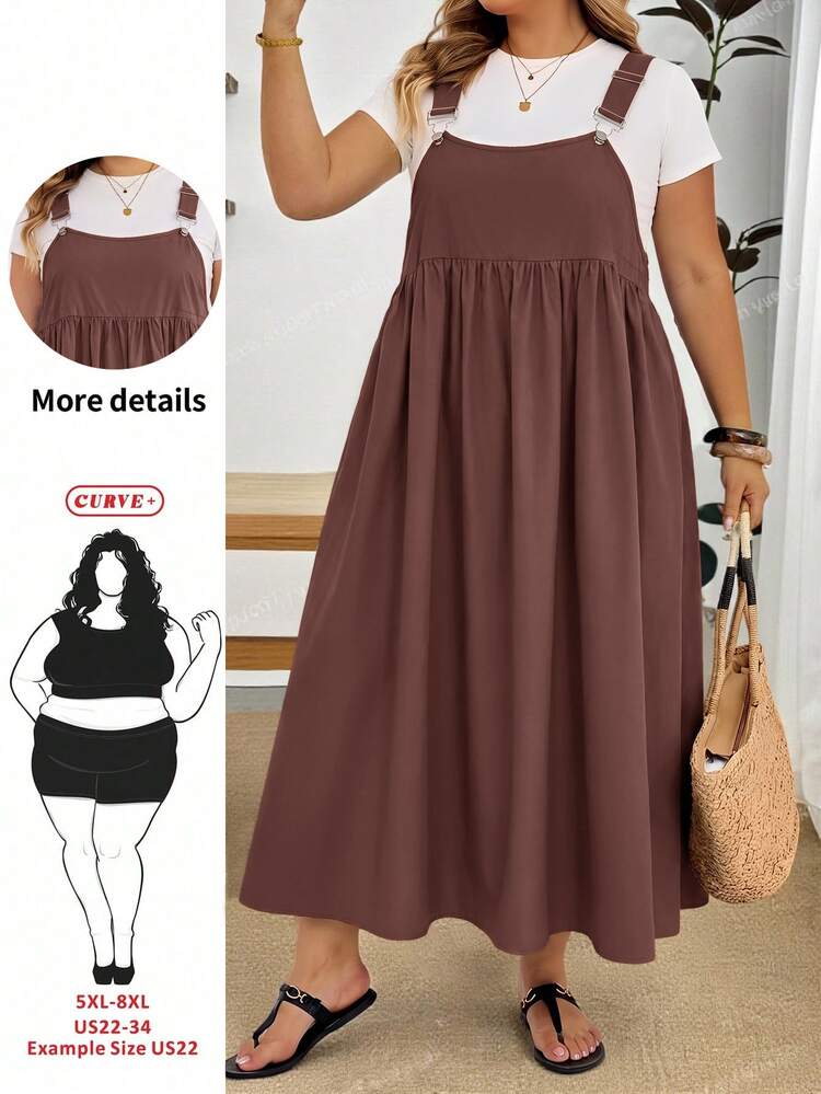 SHEIN CURVE+ Plus Size Women's Solid Color Pleated Casual Daily Summer Strap Dress - Brown - View 1