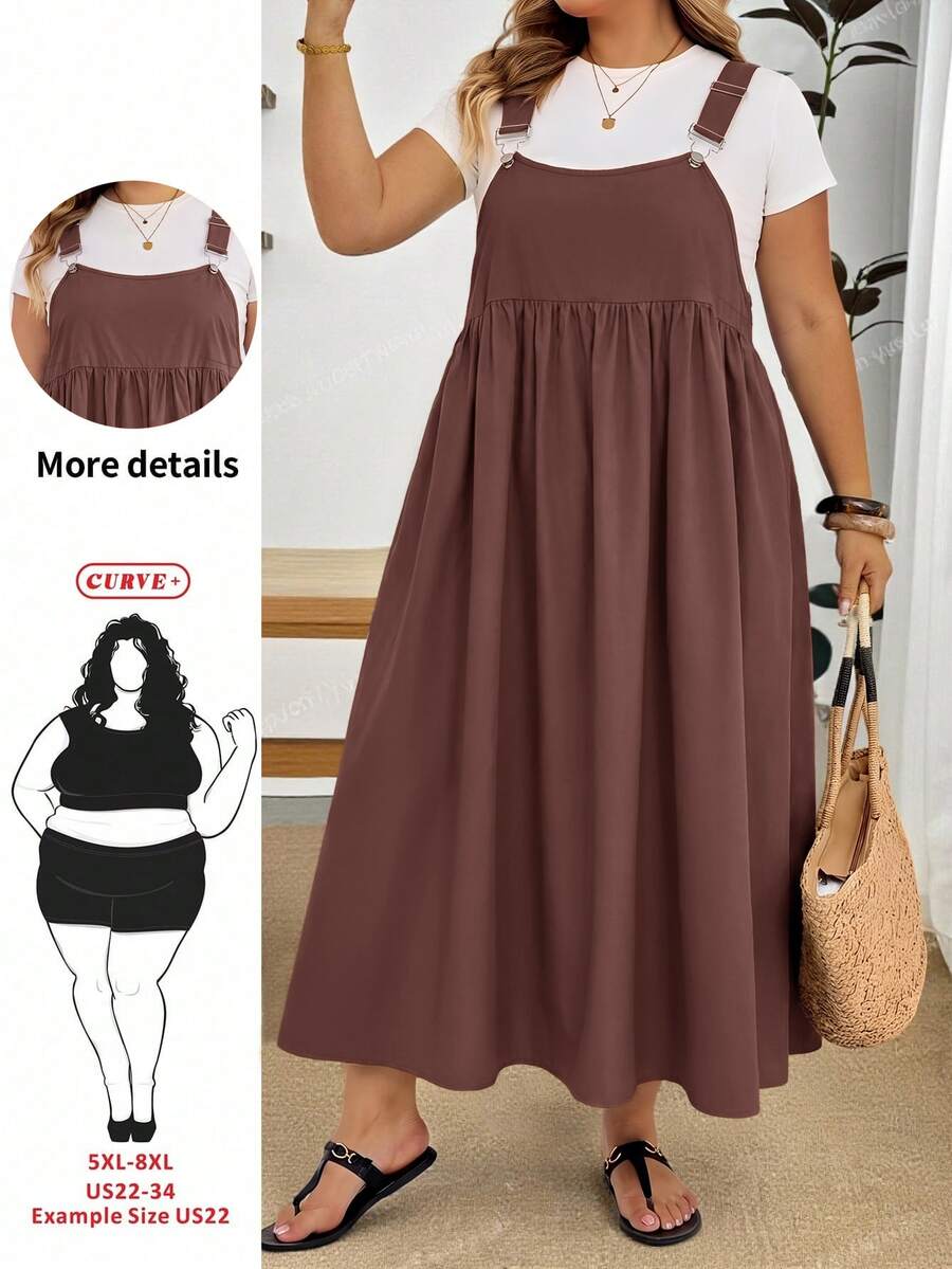 SHEIN CURVE+ 大尺碼女款純色百褶休閒日常夏季細肩帶洋裝 - 棕色 - 查看 1
