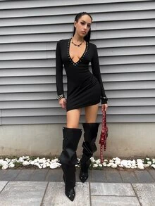 EgrlEra Eyelet Decor Deep V-Neck Sexy Bodycon Dress - Black - View 5