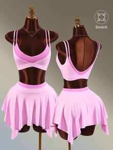 Amplova Women Sports Sets Elegant Cute Sexy Backless Sport Bra And Skirt Workout Ballet Going Out Pink Tracksuit For Everyday Wear 2 In 1 Design - Pink - View 2