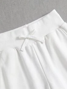 SHEIN 少女秋冬保暖內裡加厚牛仔風花卉百合印花白色寬鬆寬腿直筒運動褲 - 白色 - 查看 4