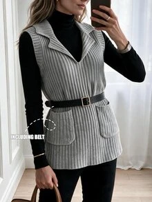 Louniche 1pc Solid Lapel Collar Ribbed Knit Sweater Vest With Belt Office Grey Autumn Minimalist Casual - Grey - View 1