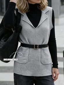 Louniche 1pc Solid Lapel Collar Ribbed Knit Sweater Vest With Belt Office Grey Autumn Minimalist Casual - Grey - View 6
