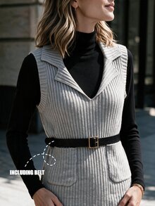 Louniche 1pc Solid Lapel Collar Ribbed Knit Sweater Vest With Belt Office Grey Autumn Minimalist Casual - Grey - View 4