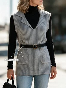 Louniche 1pc Solid Lapel Collar Ribbed Knit Sweater Vest With Belt Office Grey Autumn Minimalist Casual - Grey - View 7