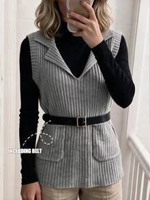 Louniche 1pc Solid Lapel Collar Ribbed Knit Sweater Vest With Belt Office Grey Autumn Minimalist Casual - Grey - View 8