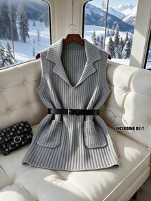 Louniche 1pc Solid Lapel Collar Ribbed Knit Sweater Vest With Belt Office Grey Autumn Minimalist Casual - Grey - View 2