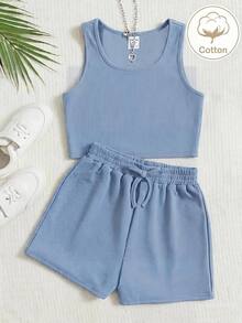 SHEIN Tween Girl Knit Solid Color Fitted Casual Tank Top And Shorts 2 Pieces Set - Dusty Blue - View 5