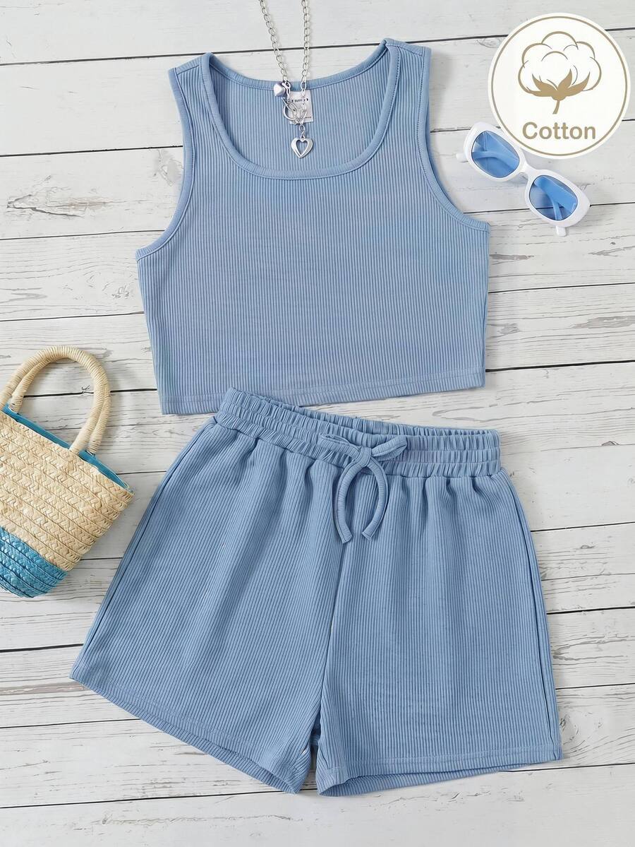 SHEIN Tween Girl Knit Solid Color Fitted Casual Tank Top And Shorts 2 Pieces Set - Dusty Blue - View 1