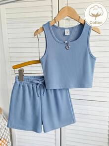 SHEIN Tween Girl Knit Solid Color Fitted Casual Tank Top And Shorts 2 Pieces Set - Dusty Blue - View 3