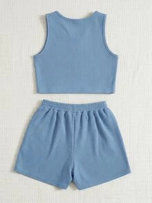 SHEIN Tween Girl Knit Solid Color Fitted Casual Tank Top And Shorts 2 Pieces Set - Dusty Blue - View 2