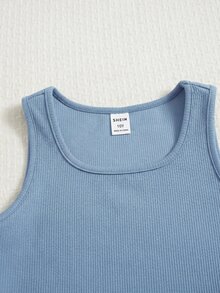 SHEIN Tween Girl Knit Solid Color Fitted Casual Tank Top And Shorts 2 Pieces Set - Dusty Blue - View 4