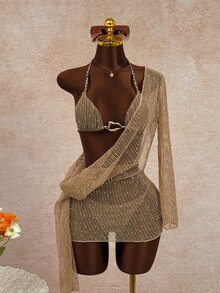Sirith Women's Plunging Neck Bikini Set,Beige,Summer,Casual,Beach,Vacation,Holiday,Rope Decor,Metal Accessory,Pool Party,Swimming,Sun Protection,Hot Spring - Multicolor - View 7