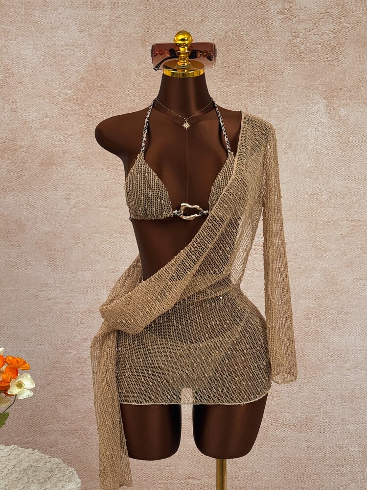 Sirith Women's Plunging Neck Bikini Set,Beige,Summer,Casual,Beach,Vacation,Holiday,Rope Decor,Metal Accessory,Pool Party,Swimming,Sun Protection,Hot Spring - Multicolor - View 6