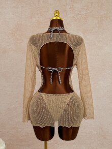 Sirith Women's Plunging Neck Bikini Set,Beige,Summer,Casual,Beach,Vacation,Holiday,Rope Decor,Metal Accessory,Pool Party,Swimming,Sun Protection,Hot Spring - Multicolor - View 6