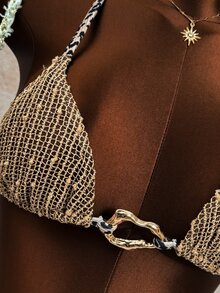 Sirith Women's Plunging Neck Bikini Set,Beige,Summer,Casual,Beach,Vacation,Holiday,Rope Decor,Metal Accessory,Pool Party,Swimming,Sun Protection,Hot Spring - Multicolor - View 4