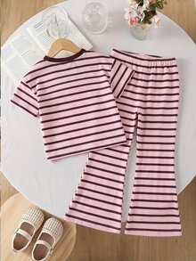 SHEIN 女童休閒簡約舒適可愛套裝，採用紋理面料 - 彩色 - 查看 3