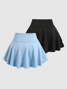 SHEIN Girlism 2件組 青少年女孩休閒街頭風運動時尚純色黑藍色裙裝套裝 - 彩色 - 查看 2