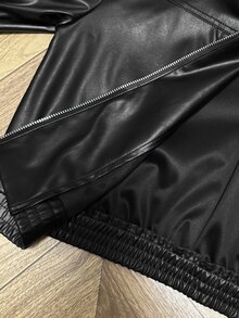 SHEIN 青少年女孩秋冬休閒優雅復古時尚街頭風 PU 翻領拉鍊夾克，適合返校季、秋冬出遊、日常穿著 - 黑色 - 查看 7