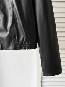 SHEIN 青少年女孩秋冬休閒優雅復古時尚街頭風 PU 翻領拉鍊夾克，適合返校季、秋冬出遊、日常穿著 - 黑色 - 查看 6