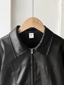 SHEIN 青少年女孩秋冬休閒優雅復古時尚街頭風 PU 翻領拉鍊夾克，適合返校季、秋冬出遊、日常穿著 - 黑色 - 查看 5