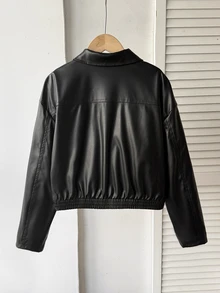 SHEIN 青少年女孩秋冬休閒優雅復古時尚街頭風 PU 翻領拉鍊夾克，適合返校季、秋冬出遊、日常穿著 - 黑色 - 查看 2