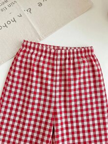 SHEIN 女嬰針織素色草莓圖案圓領T恤與格紋長褲2件組 - 紅白色 - 查看 5