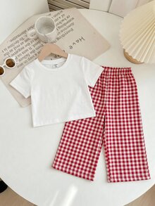 SHEIN 女嬰針織素色草莓圖案圓領T恤與格紋長褲2件組 - 紅白色 - 查看 2