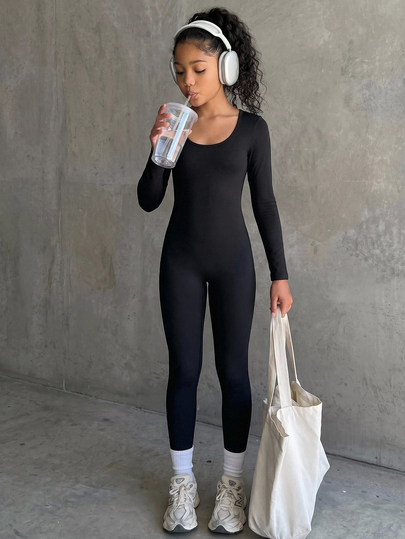 Tween Girl Casual Daily Square Neck Fitted Jumpsuit Black Sporty