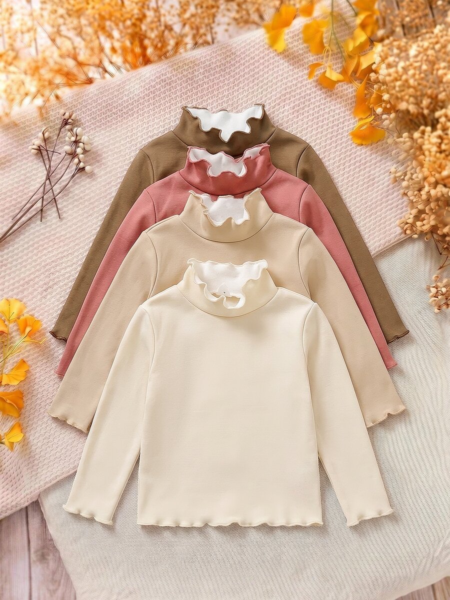 SHEIN Conjunto de 4 piezas de capa base de manga larga gruesa de forro polar compuesto con cuello alto y volantes para bebé niña, adecuado para invierno - Multicolor - Ver 1