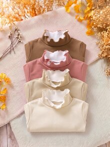 SHEIN Conjunto de 4 piezas de capa base de manga larga gruesa de forro polar compuesto con cuello alto y volantes para bebé niña, adecuado para invierno - Multicolor - Ver 3