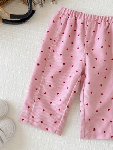 SHEIN LMoss Kids 女嬰粉色燈芯絨休閒舒適長褲，百搭時尚日常可愛圖案保暖內裡加厚燈芯絨，適合秋冬 - 粉色 - 查看 3
