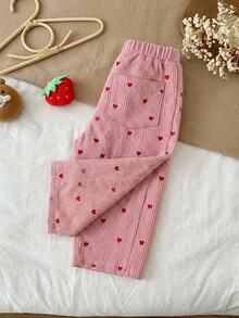 SHEIN LMoss Kids 女嬰粉色燈芯絨休閒舒適長褲，百搭時尚日常可愛圖案保暖內裡加厚燈芯絨，適合秋冬 - 粉色 - 查看 1