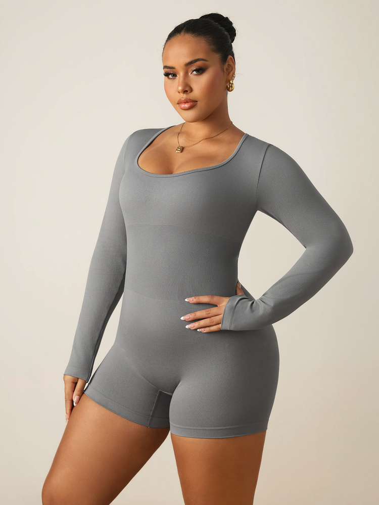 SHEIN Rhythm Era Women's Plus Size Long Sleeve Athletic Romper Fall - Grey - View 2