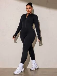 SHEIN Rhythm Era 女款大尺碼運動連身褲，拉鍊設計方便穿脫，一體式長褲，羅紋緊身無縫提臀連身褲，秋季款 - 黑色 - 查看 4