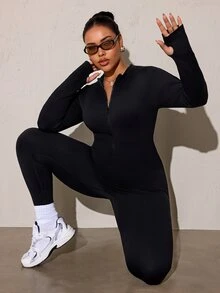 SHEIN Rhythm Era 女款大尺碼運動連身褲，拉鍊設計方便穿脫，一體式長褲，羅紋緊身無縫提臀連身褲，秋季款 - 黑色 - 查看 6