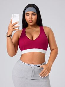 SHEIN Rhythm Era Plus Size Women's Sports Bra - Burgundy - View 5