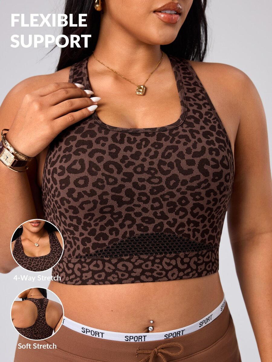 SHEIN Rhythm Era Women's Seamless Plus Size Sexy Athletic Brown Print Mesh Racerback Medium Support Running Fitness Workout Sports Bra Gym Summer Gym Sports Gym Gym - Coffee Brown - View 1