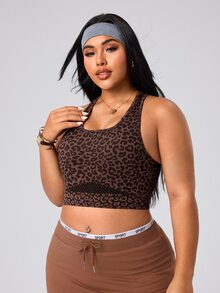 SHEIN Rhythm Era Women's Seamless Plus Size Sexy Athletic Brown Print Mesh Racerback Medium Support Running Fitness Workout Sports Bra Gym Summer Gym Sports Gym Gym - Coffee Brown - View 3
