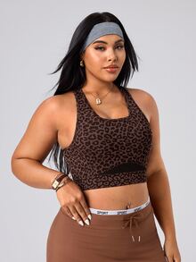 SHEIN Rhythm Era Women's Seamless Plus Size Sexy Athletic Brown Print Mesh Racerback Medium Support Running Fitness Workout Sports Bra Gym Summer Gym Sports Gym Gym - Coffee Brown - View 4