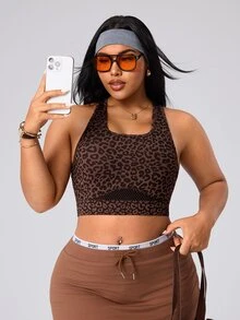 SHEIN Rhythm Era Women's Seamless Plus Size Sexy Athletic Brown Print Mesh Racerback Medium Support Running Fitness Workout Sports Bra Gym Summer Gym Sports Gym Gym - Coffee Brown - View 7