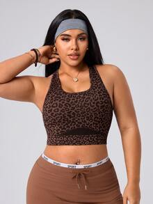 SHEIN Rhythm Era Women's Seamless Plus Size Sexy Athletic Brown Print Mesh Racerback Medium Support Running Fitness Workout Sports Bra Gym Summer Gym Sports Gym Gym - Coffee Brown - View 5